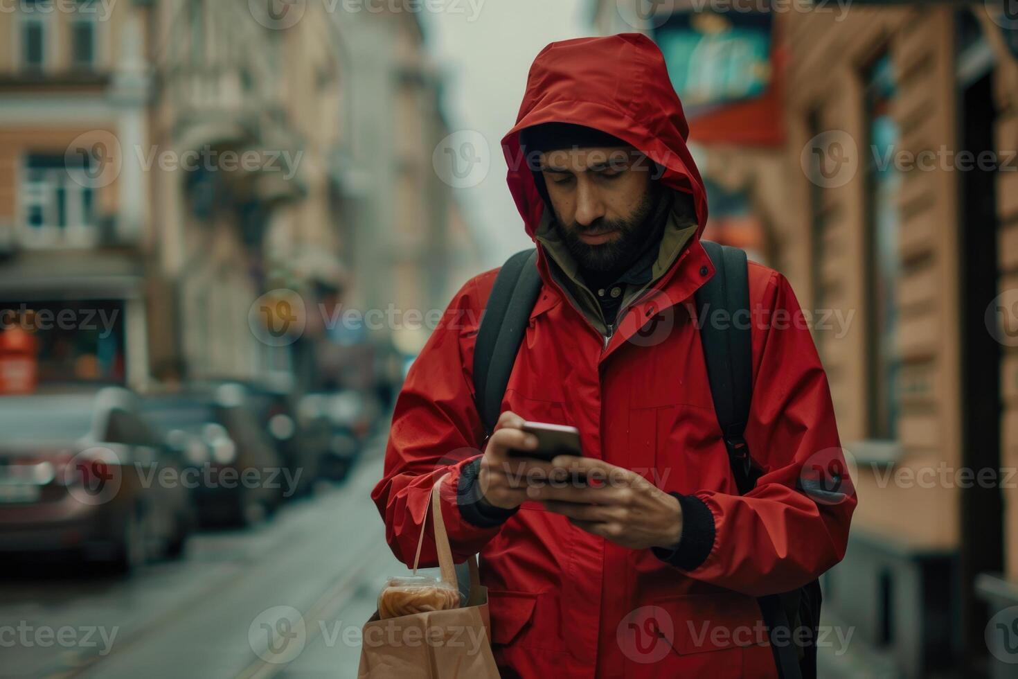 comida entrega hombre utilizando inteligente teléfono en calle en ciudad foto