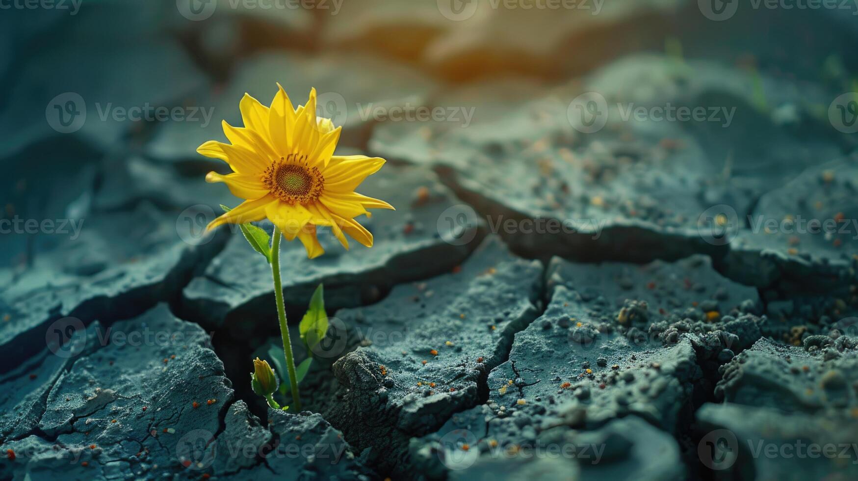 amarillo flor. creciente desde el agrietado suelo foto