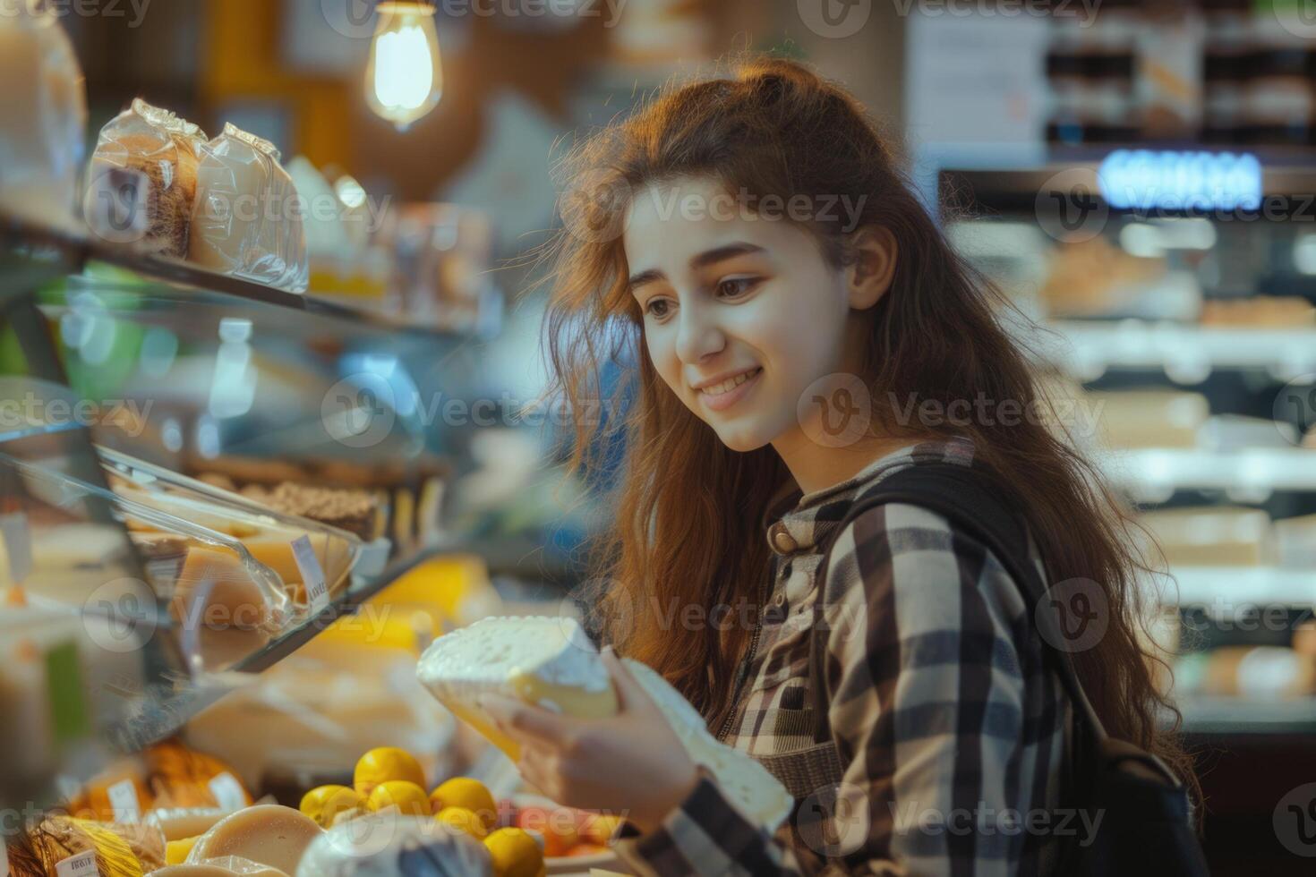 hembra cliente Tiendas Delicatessen comida Tienda comprando local queso desde Adolescente ventas asistente foto