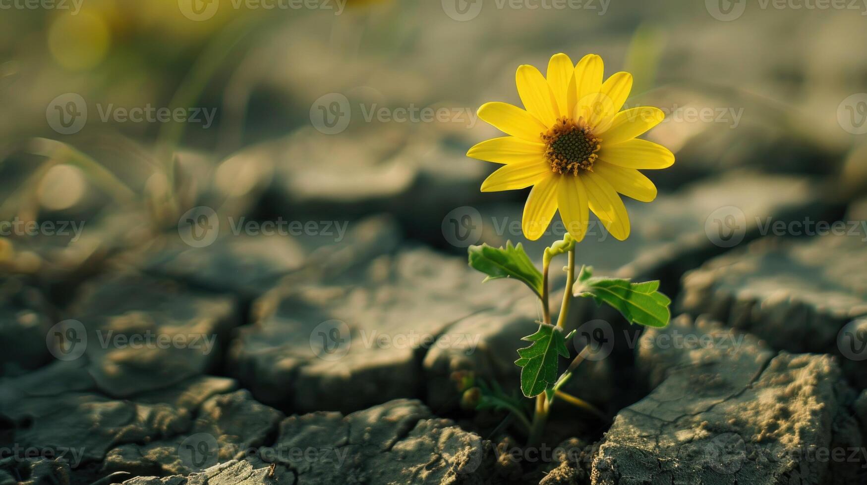 amarillo flor. creciente desde el agrietado suelo foto