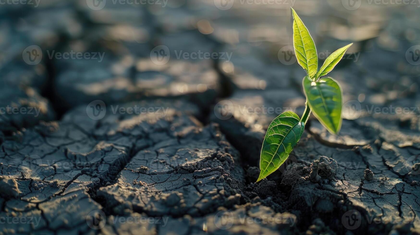 Close up plant in dried cracked mud. photo