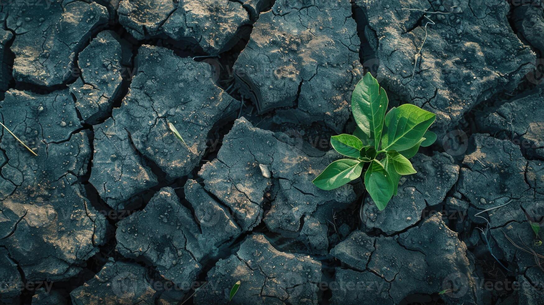 Green plant growing in dry land symbolizing hope and resilience. photo
