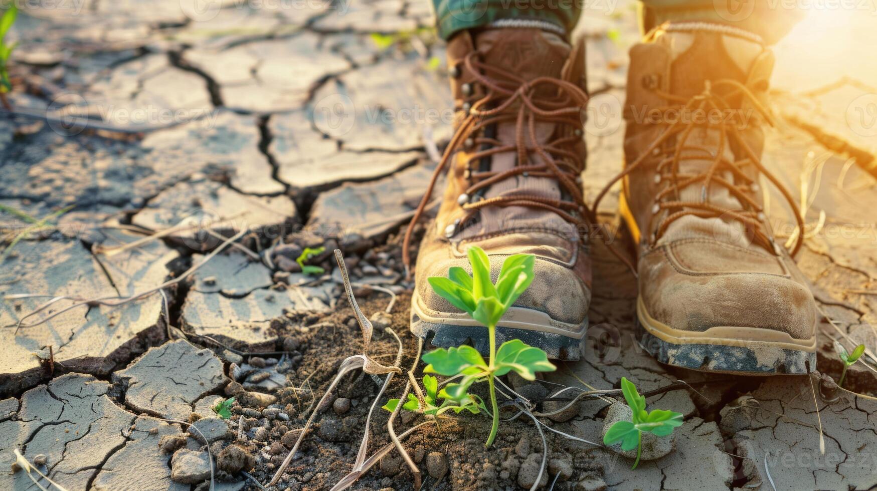 excursionismo Zapatos en agrietado suelo con verde césped antecedentes. foto