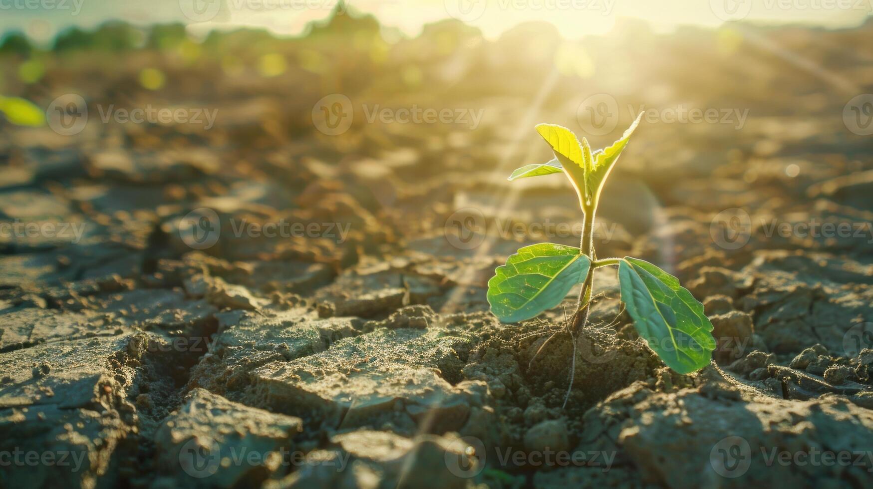 nuevo plantas creciente en agrietado suelo luz de sol brilla mediante foto