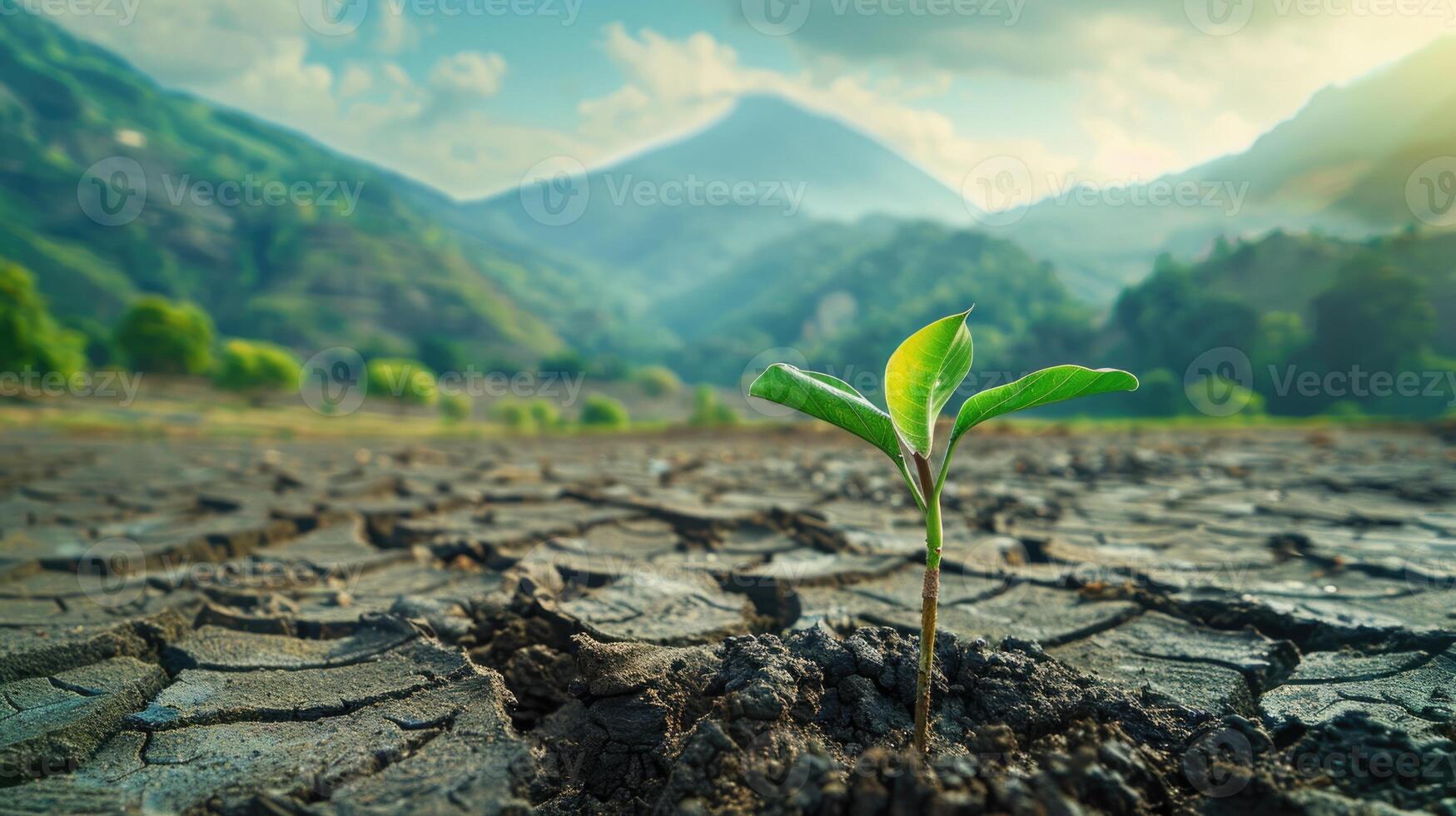 Plant in cracked mud with mountain and sky background. photo