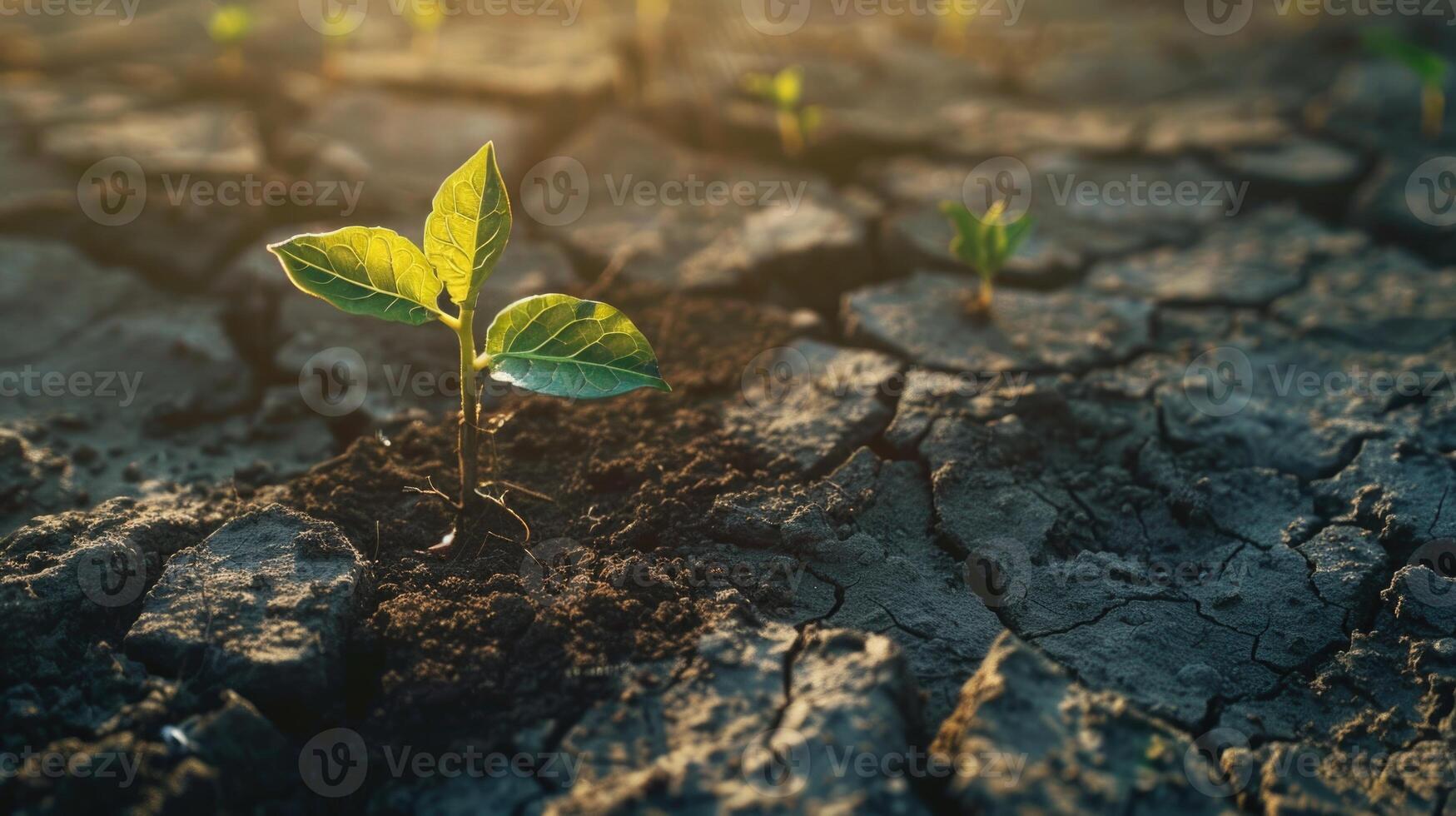 New plants growing on cracked soil sunlight shines through photo