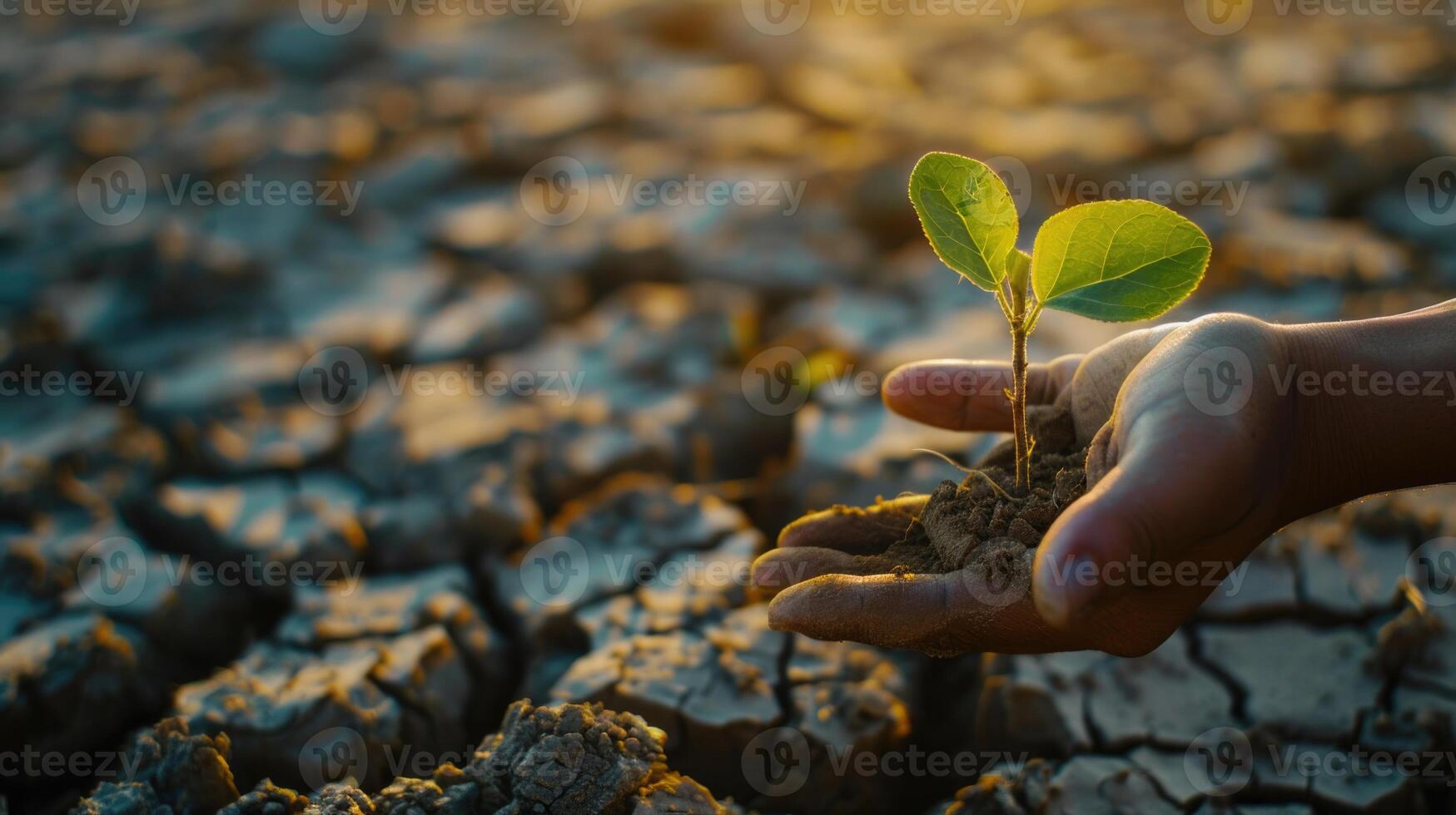 Seedling withers on dry land young mans hand brings change. photo