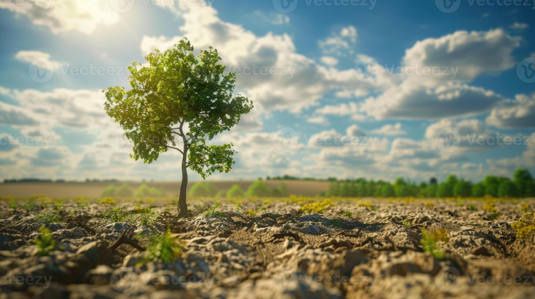 seco país con agrietado suelo y creciente árbol simboliza clima cambiar. foto