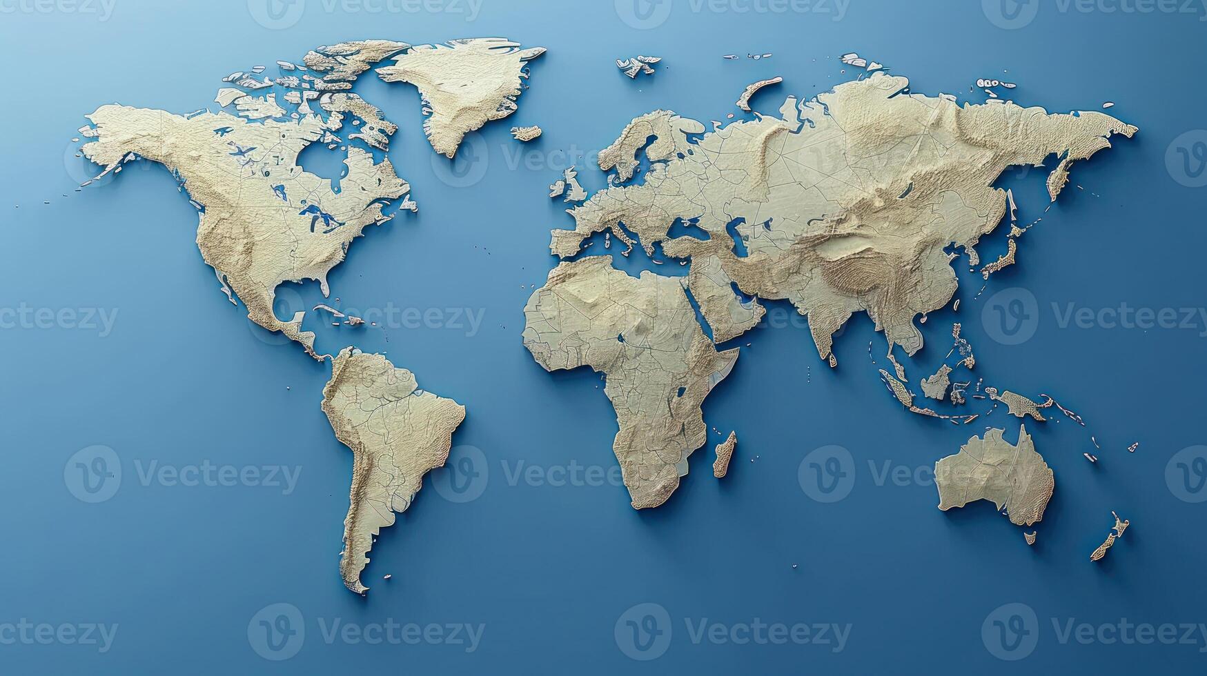 A world map displayed against a solid blue background photo
