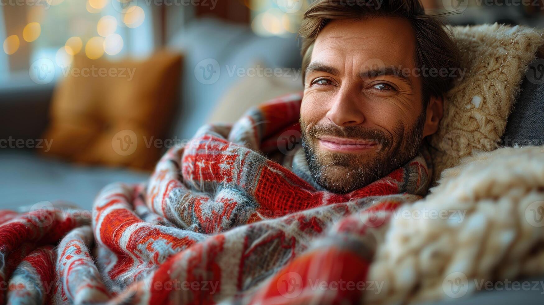 A man is lying on a couch, covered by a blanket photo