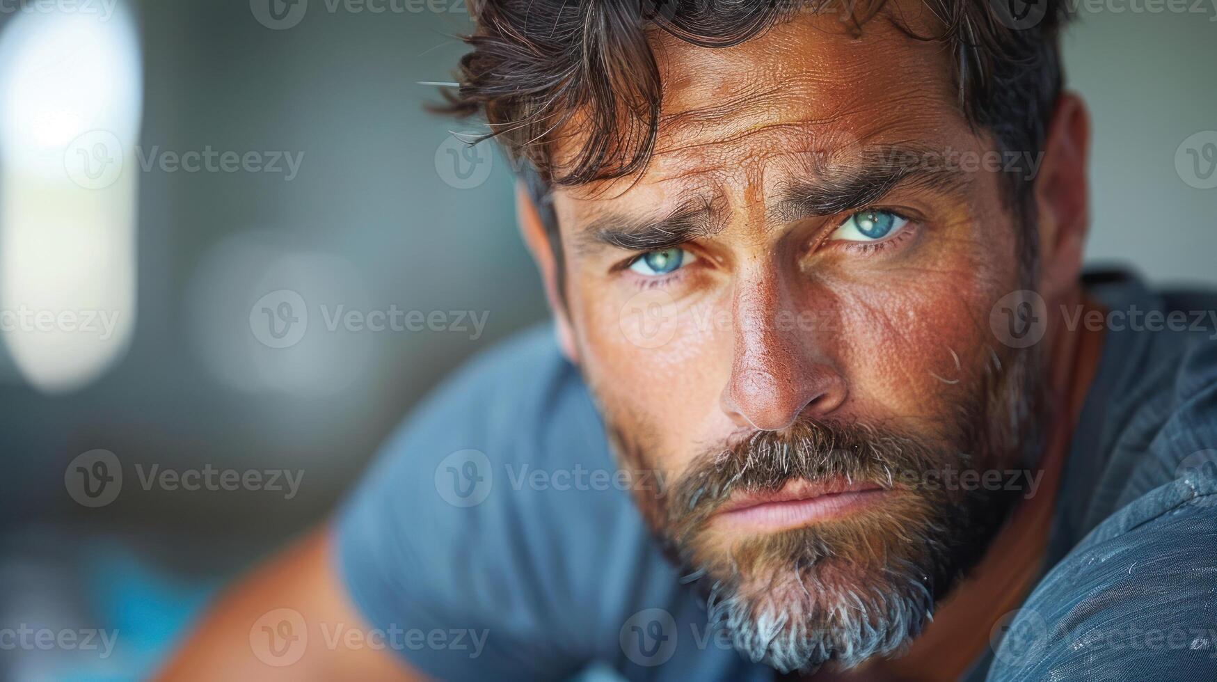 un de cerca Disparo de un hombre con sorprendentes azul ojos foto