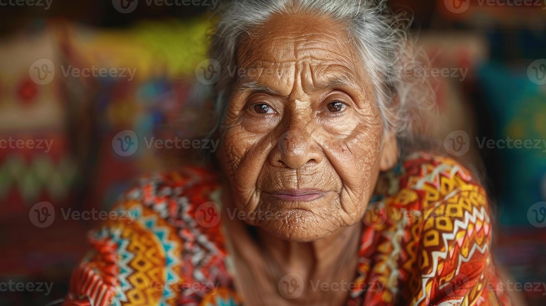 antiguo mujer con blanco pelo vistiendo vibrante bufanda foto