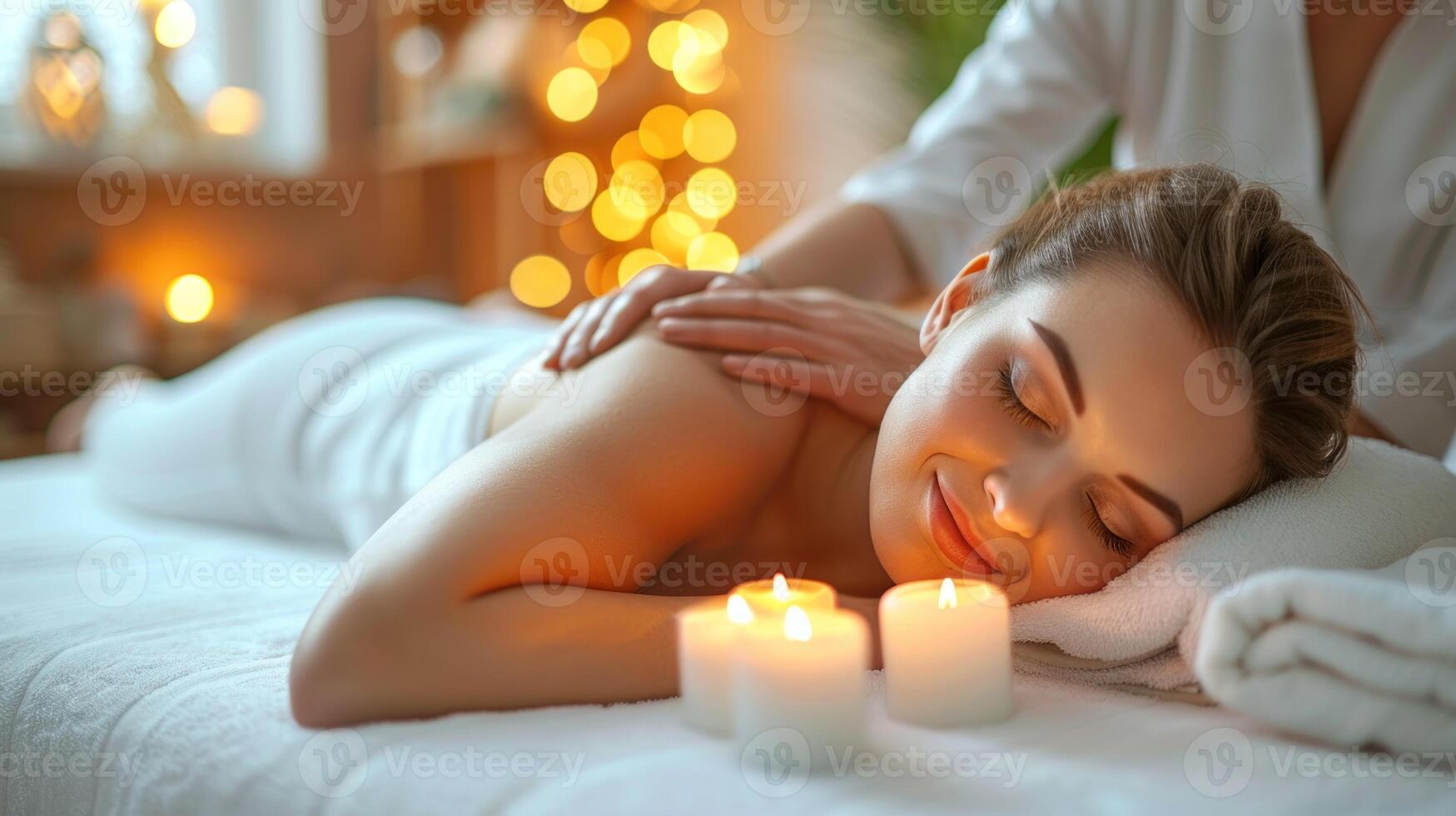 A woman lying down receiving a back massage at a spa photo
