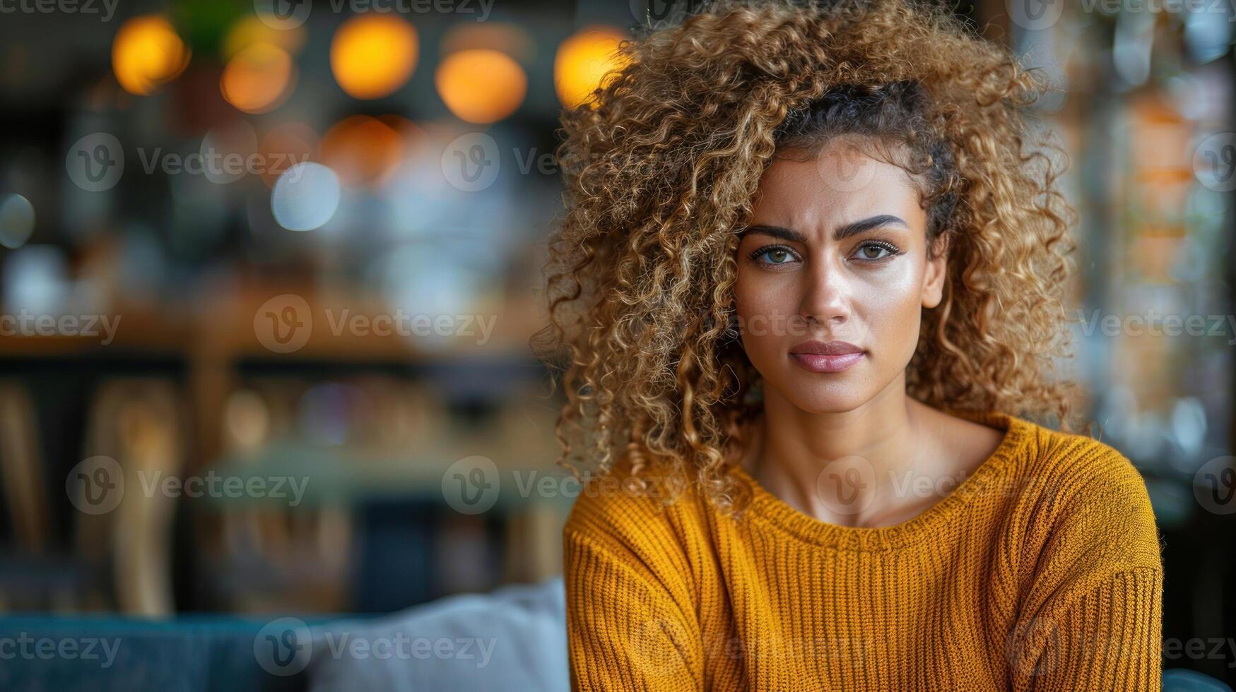 A woman with curly hair sitting on a modern couch in a living room photo