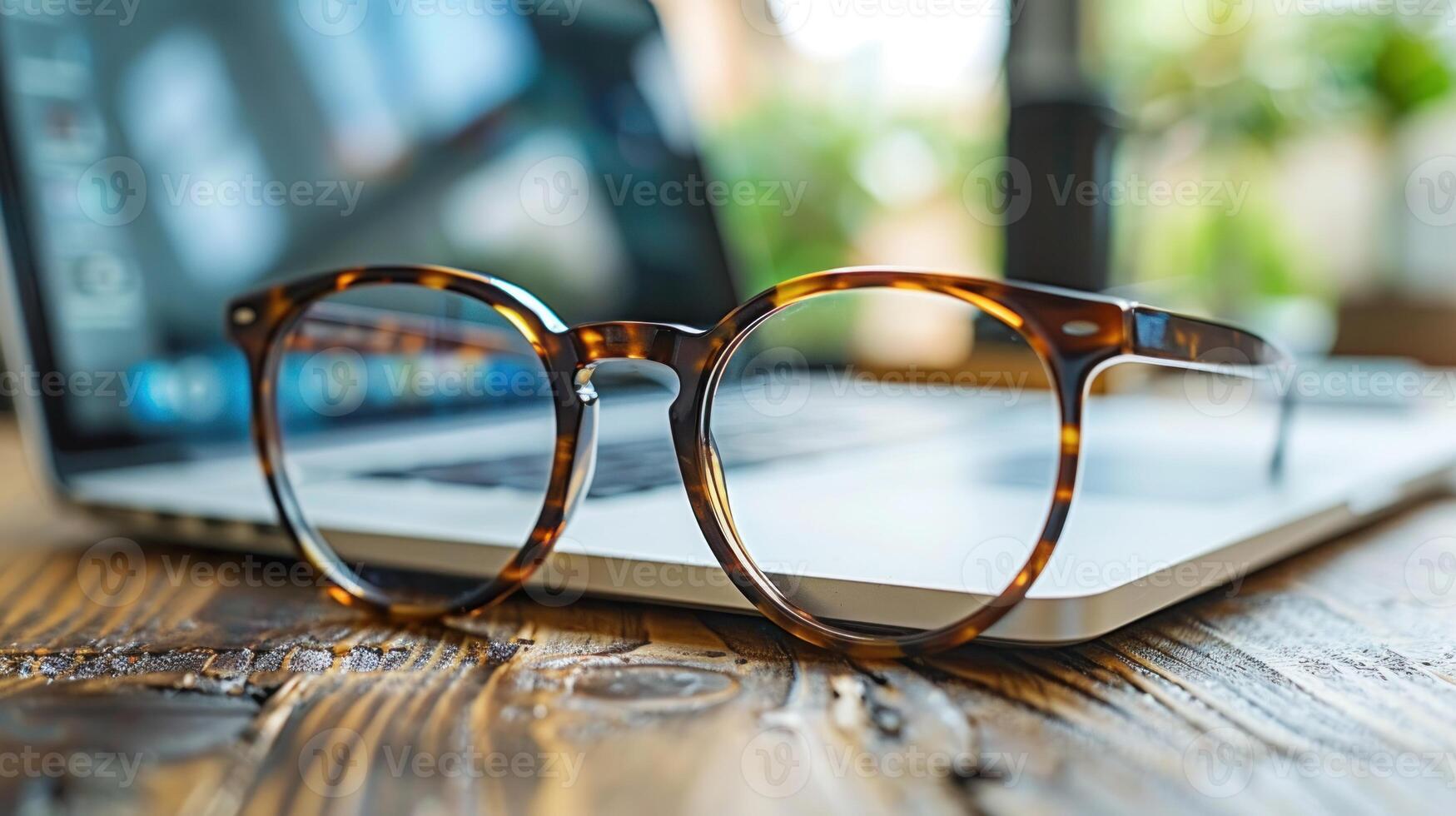 Pair of glasses placed on top of an open laptop photo