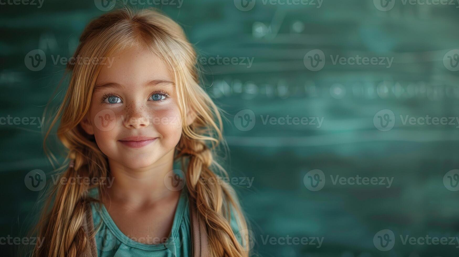 A young girl stands in front of a chalkboard, looking at the camera photo