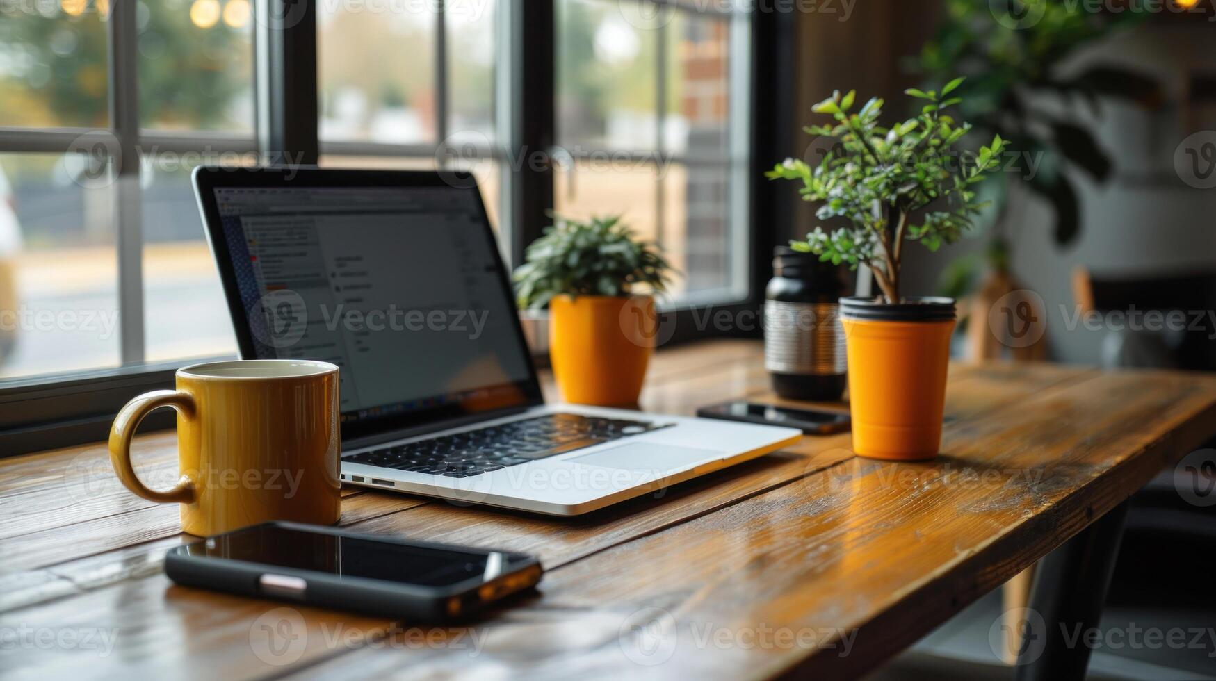 Laptop computer placed on top of a wooden table photo