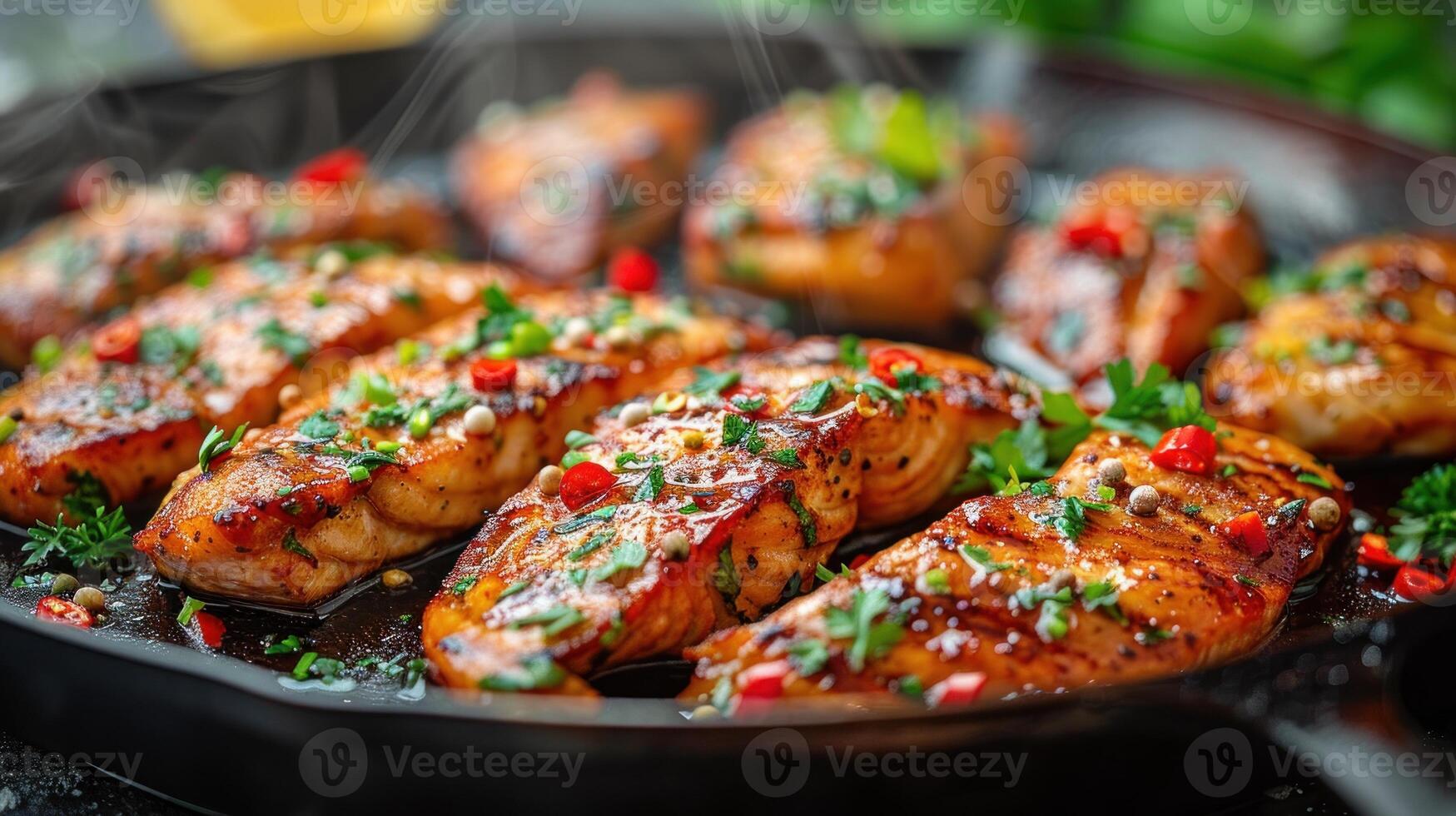 un pan lleno con pollo pechos cubierto en sabroso salsa foto