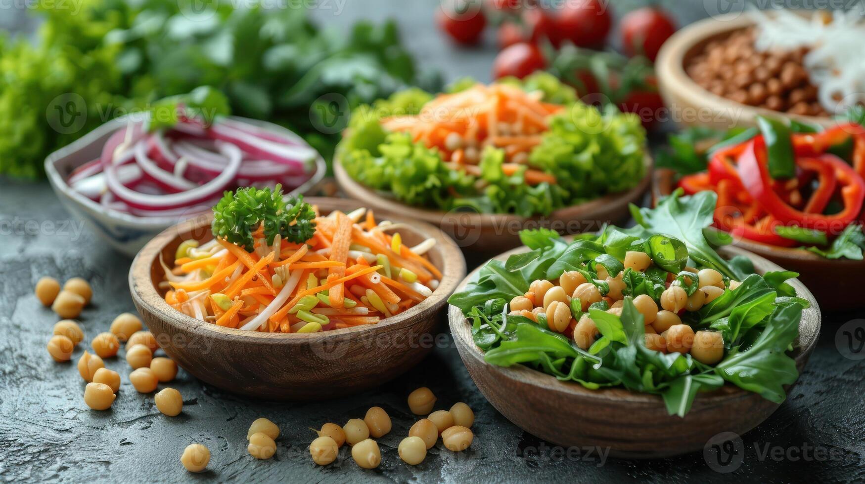 A table holds bowls filled with assorted fresh vegetables photo