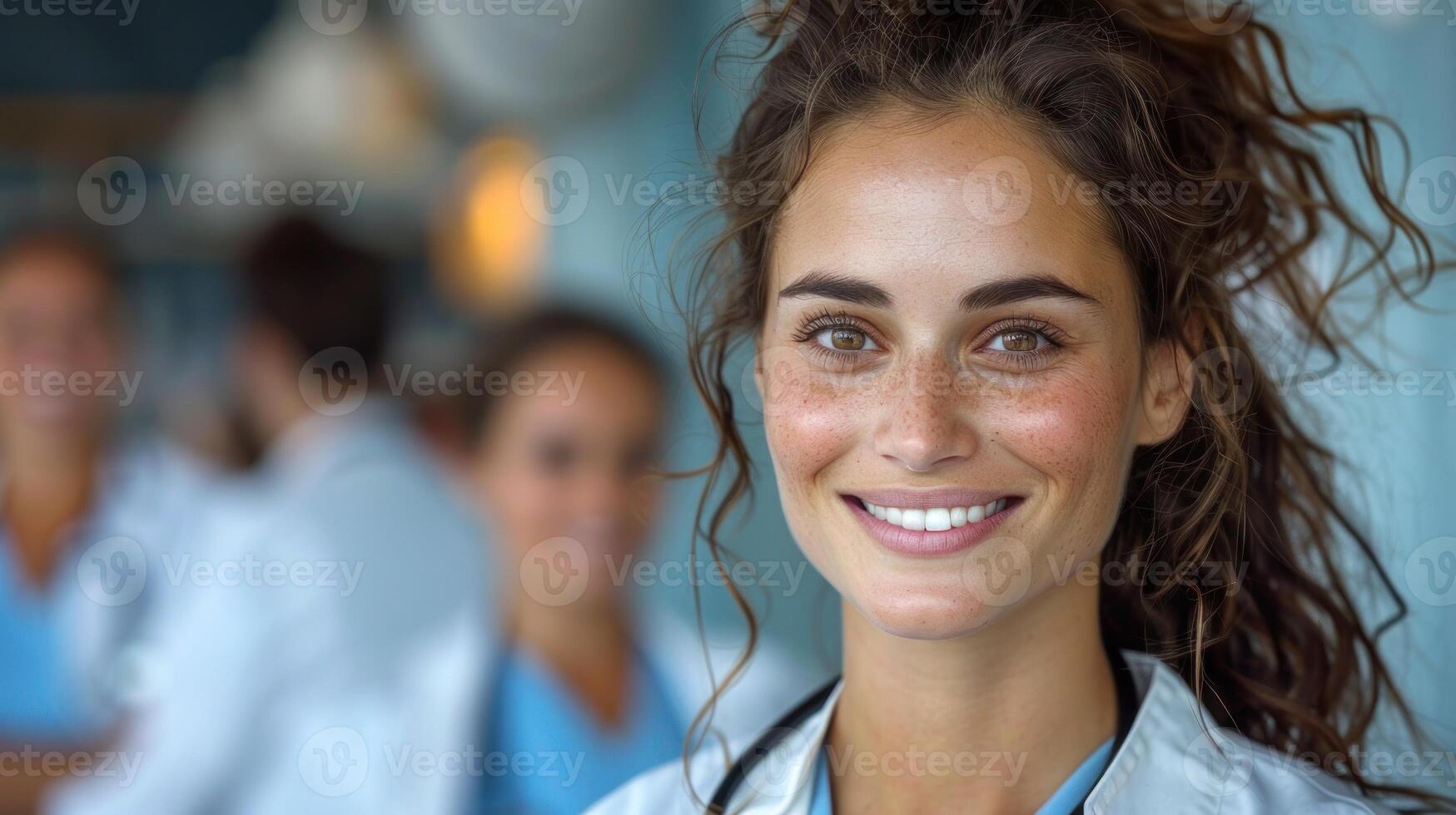 un mujer en médico matorrales sonrisas a el cámara foto