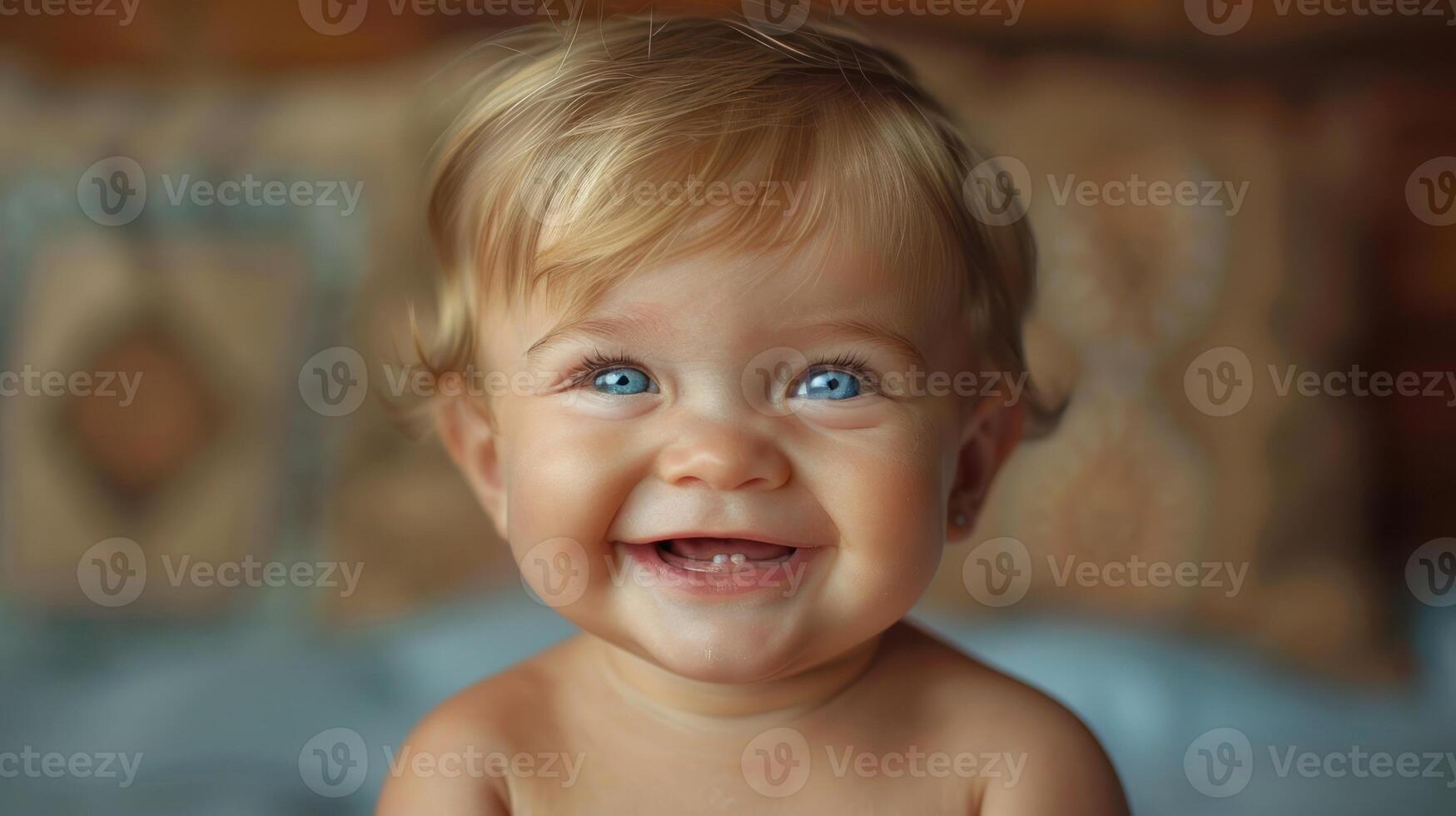 A happy baby with blue eyes sits on a bed photo