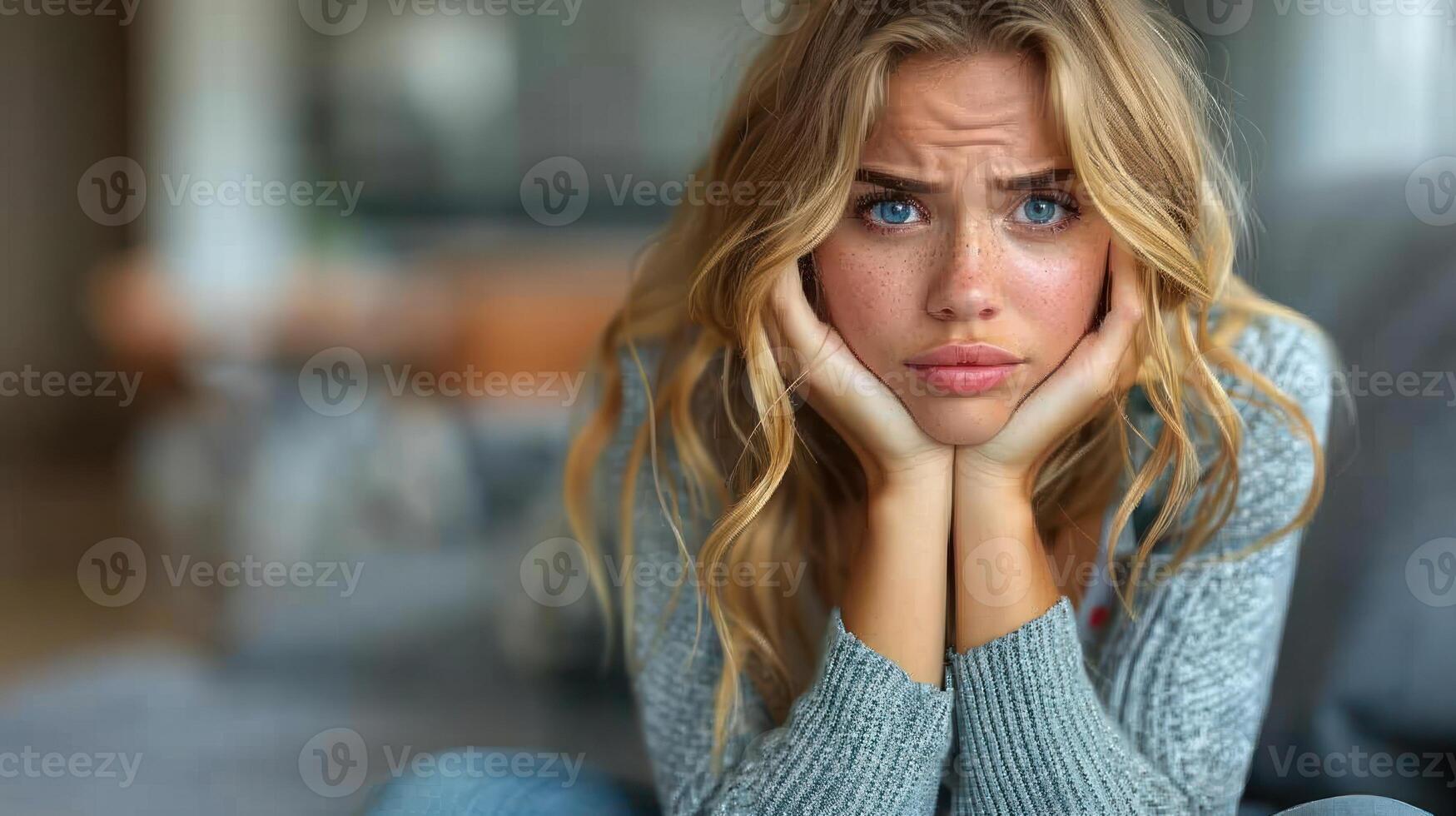 un mujer sentado en el piso con su manos cubierta su cara foto