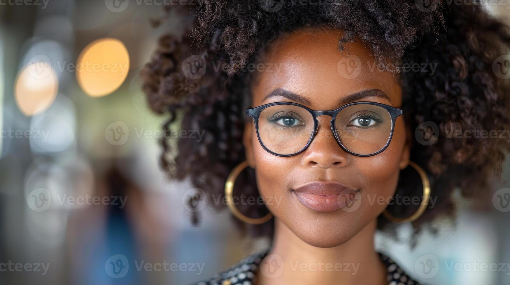 A woman wearing glasses engaging with the viewer through direct eye contact photo