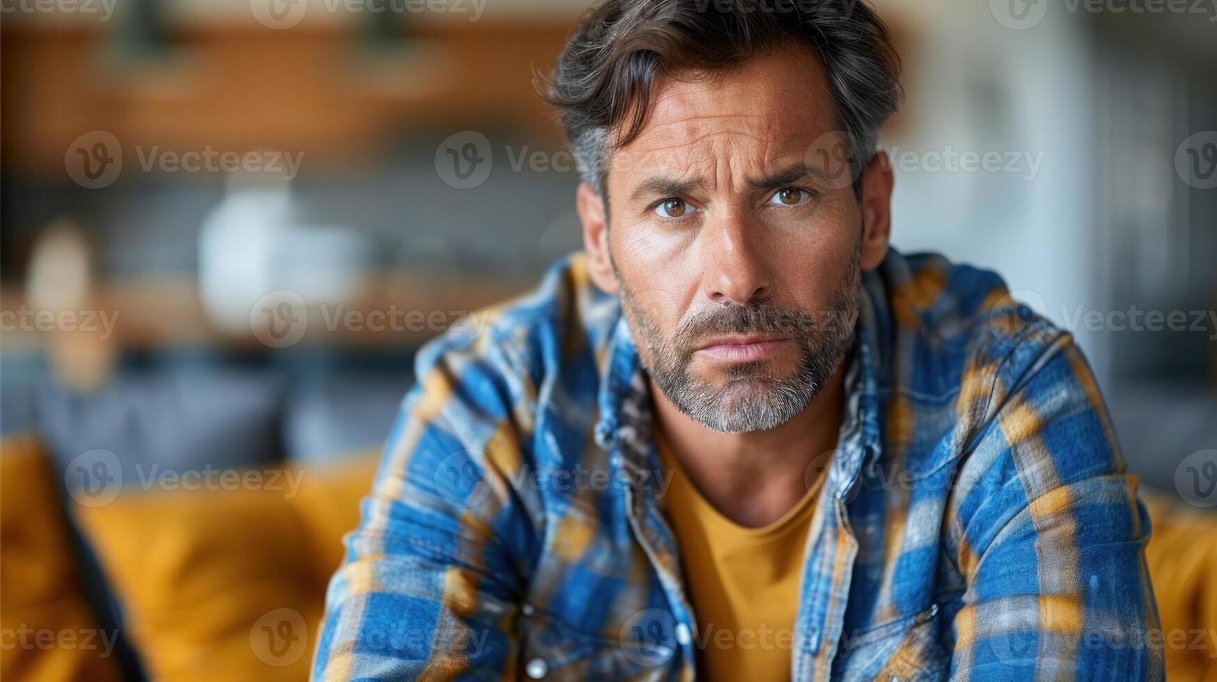 A man sitting on top of a bright yellow couch photo