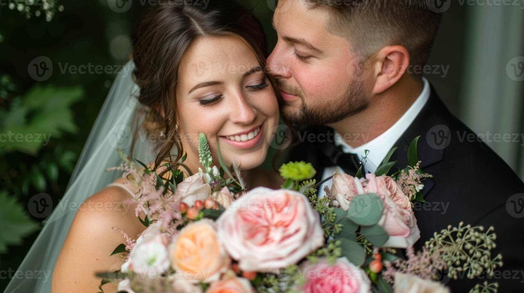 Newlyweds in wedding attire posing for formal picture photo