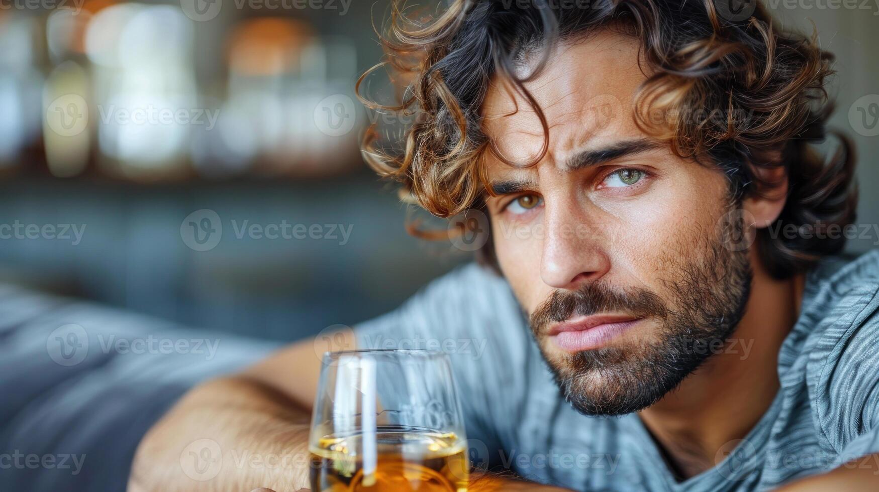 A man holds a glass of wine while making eye contact with the camera photo