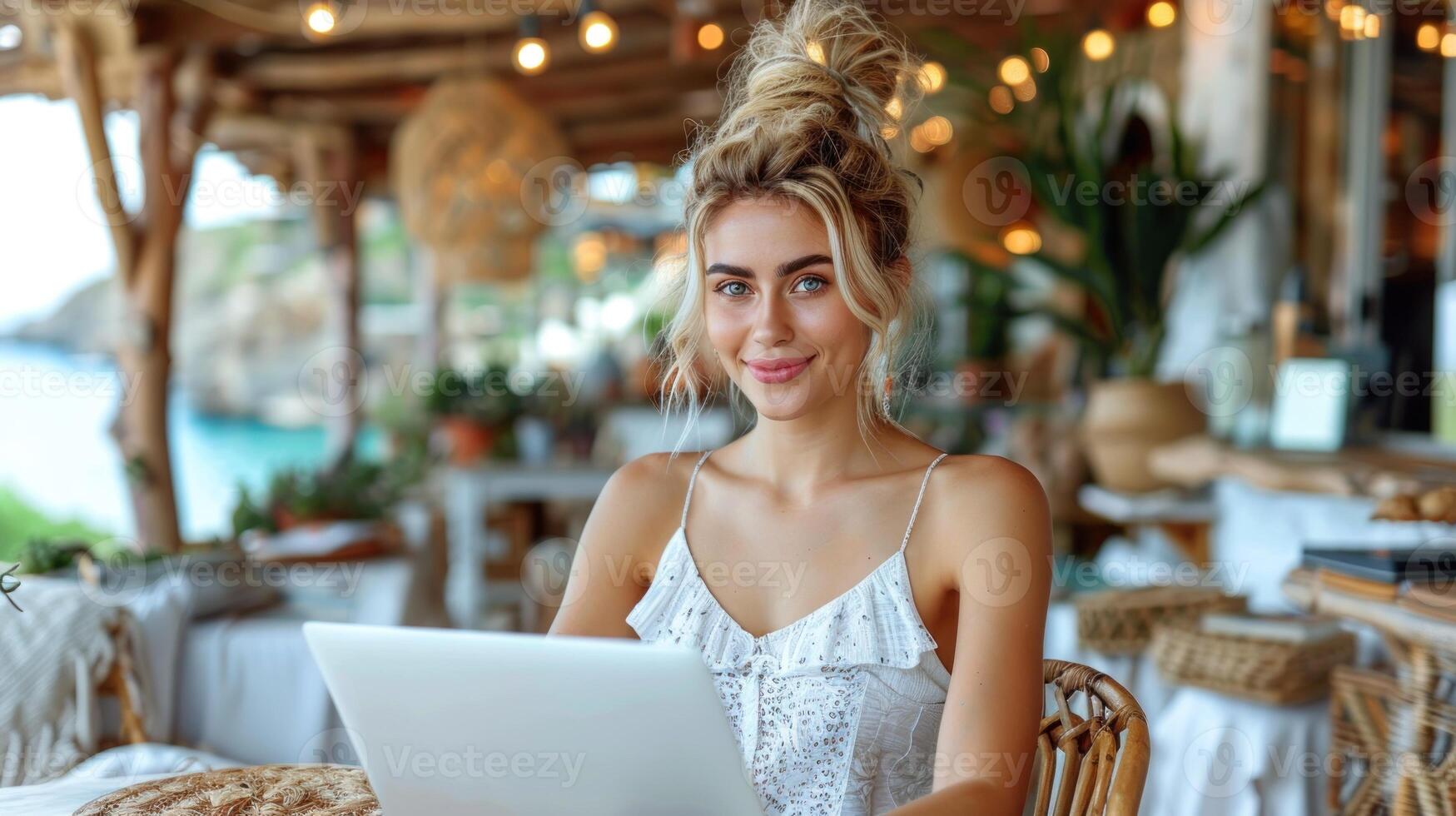 A woman sitting at a table, working on a laptop photo