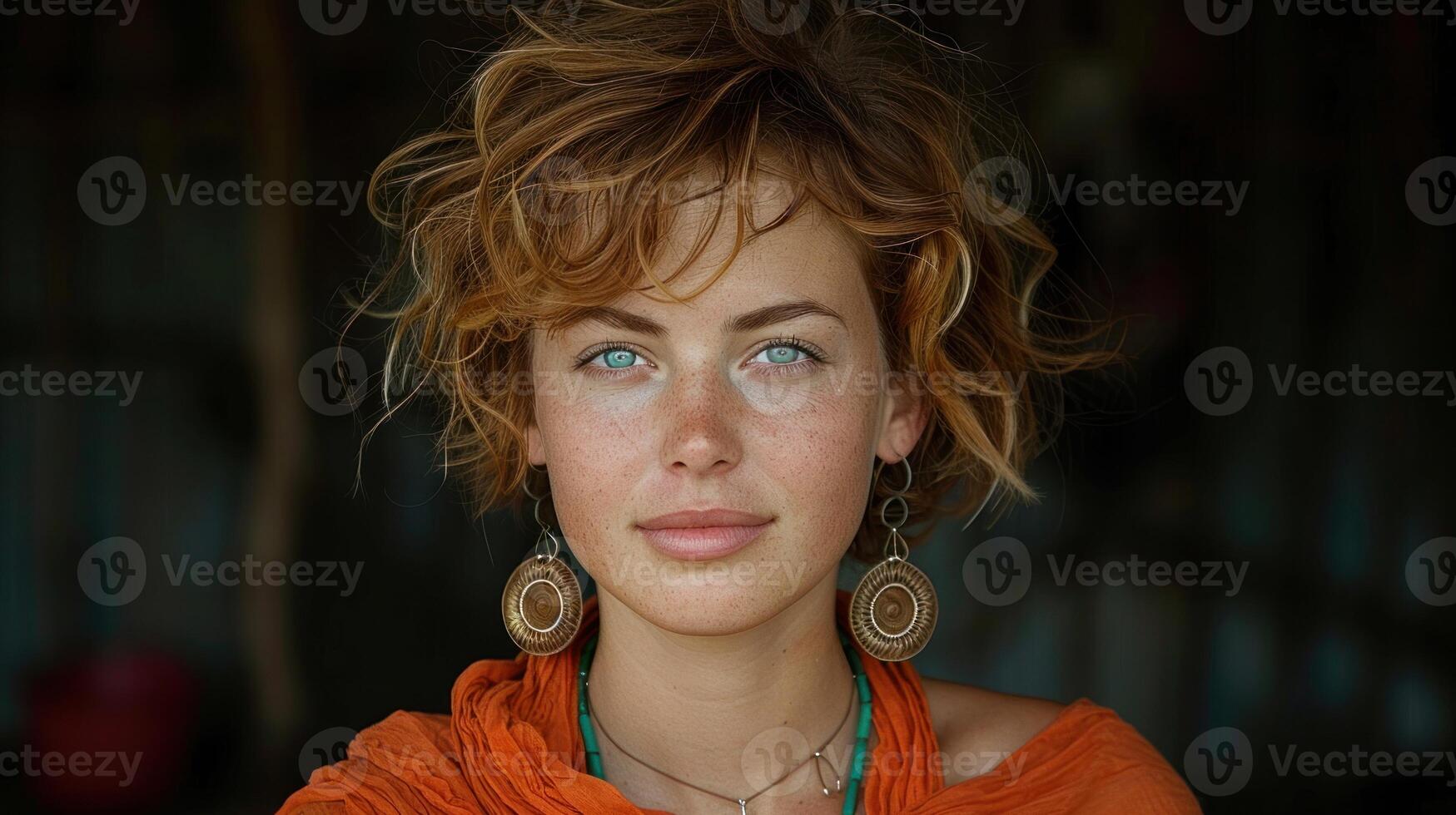 A close-up view of a person showcasing a necklace and earrings photo