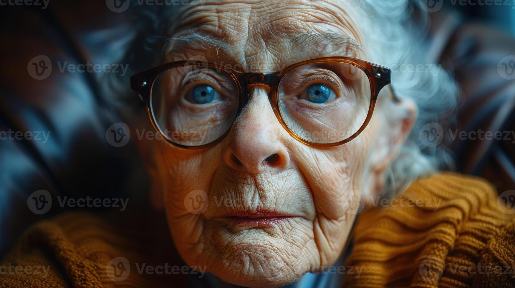 un mayor mujer vistiendo lentes miradas directamente a el cámara foto