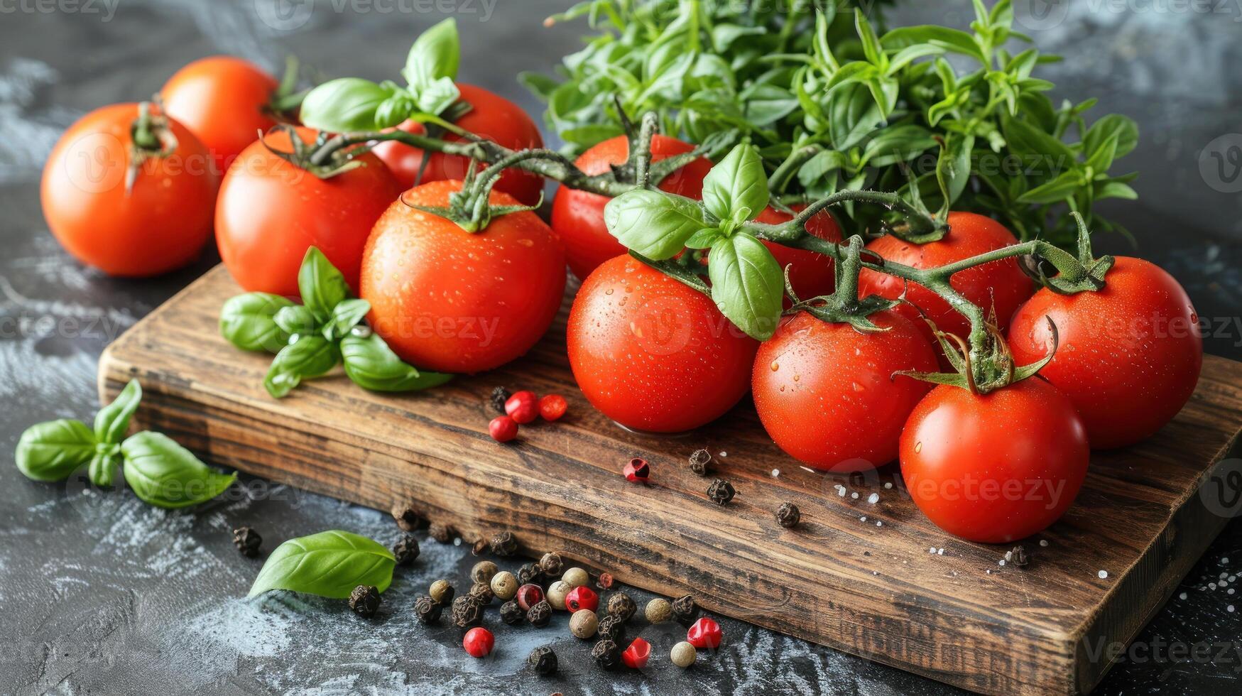 A bunch of ripe tomatoes neatly arranged on a wooden cutting board photo