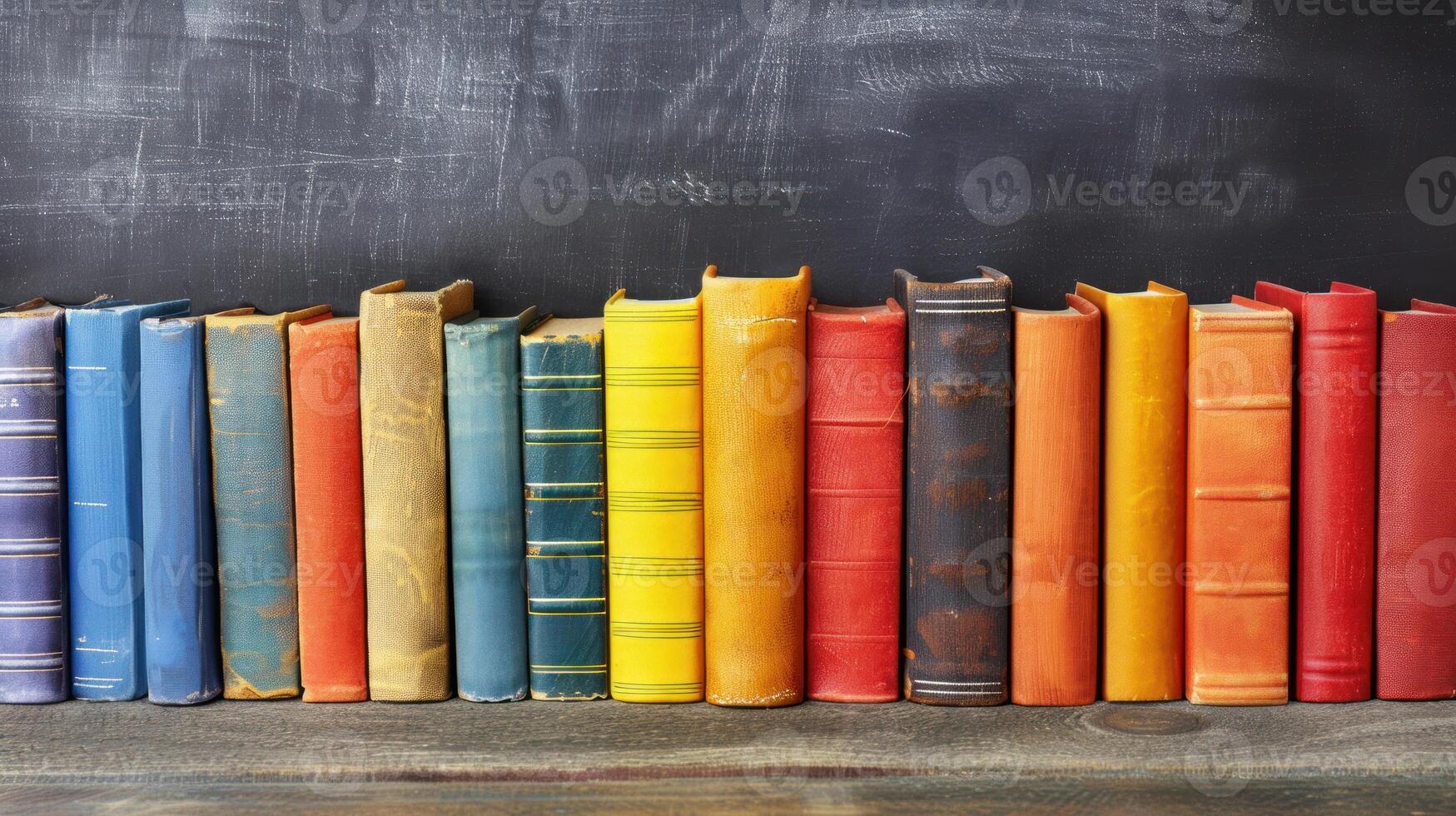 Books lined up next to a chalkboard in an educational setting photo