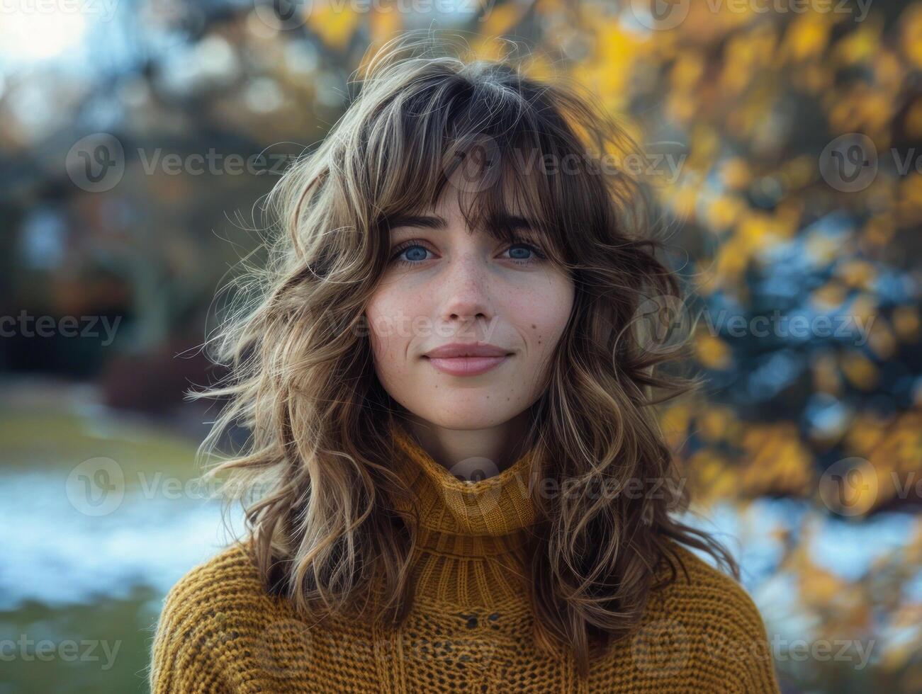 A close up of a person standing with a tree in the background photo