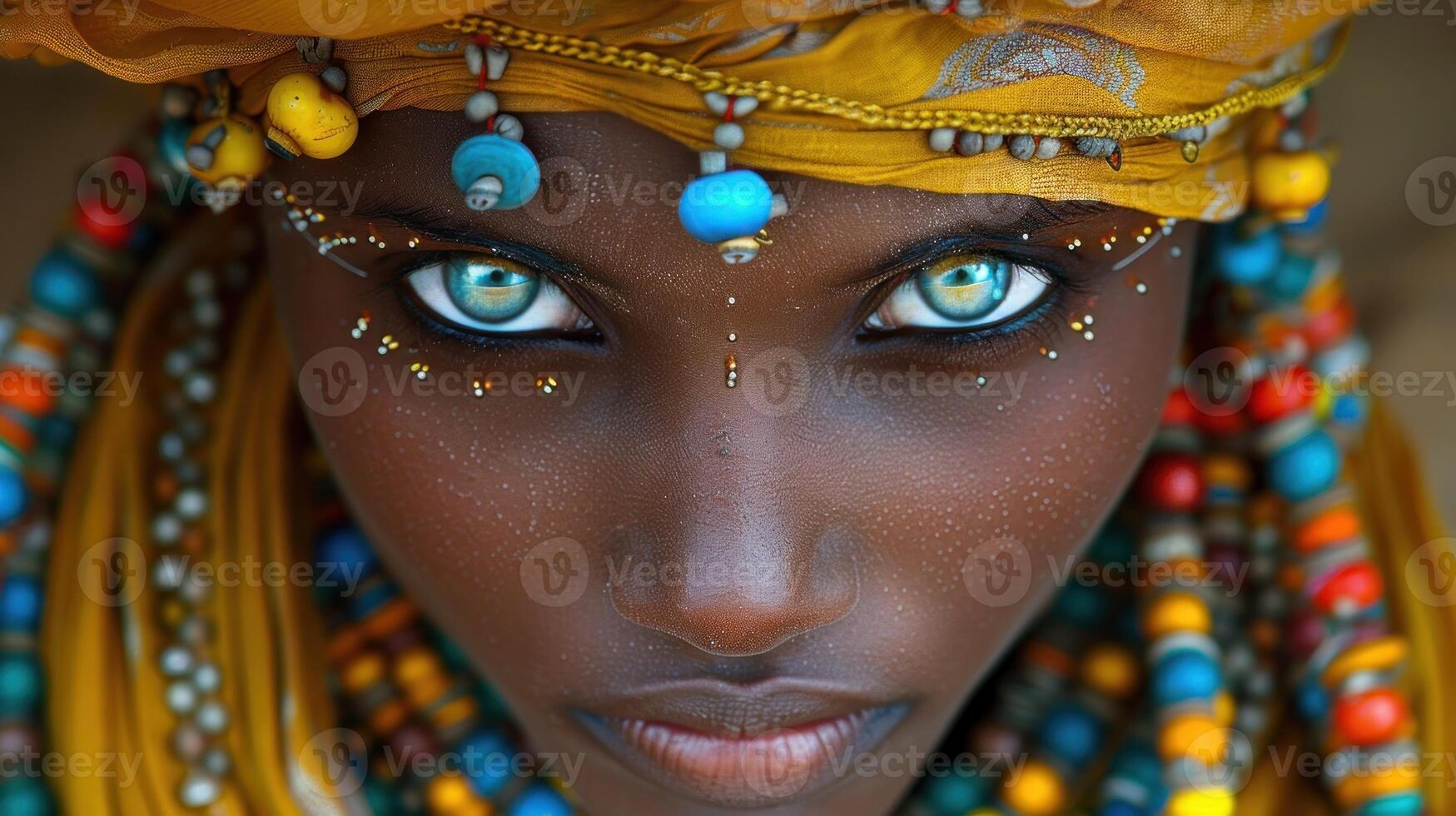 A woman with blue eyes wearing a yellow headdress photo