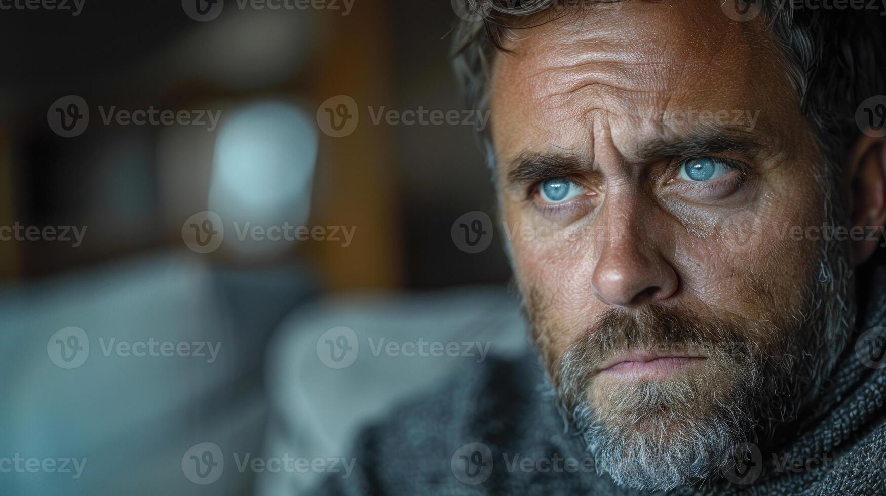 A close up of a mans face, showcasing piercing blue eyes photo