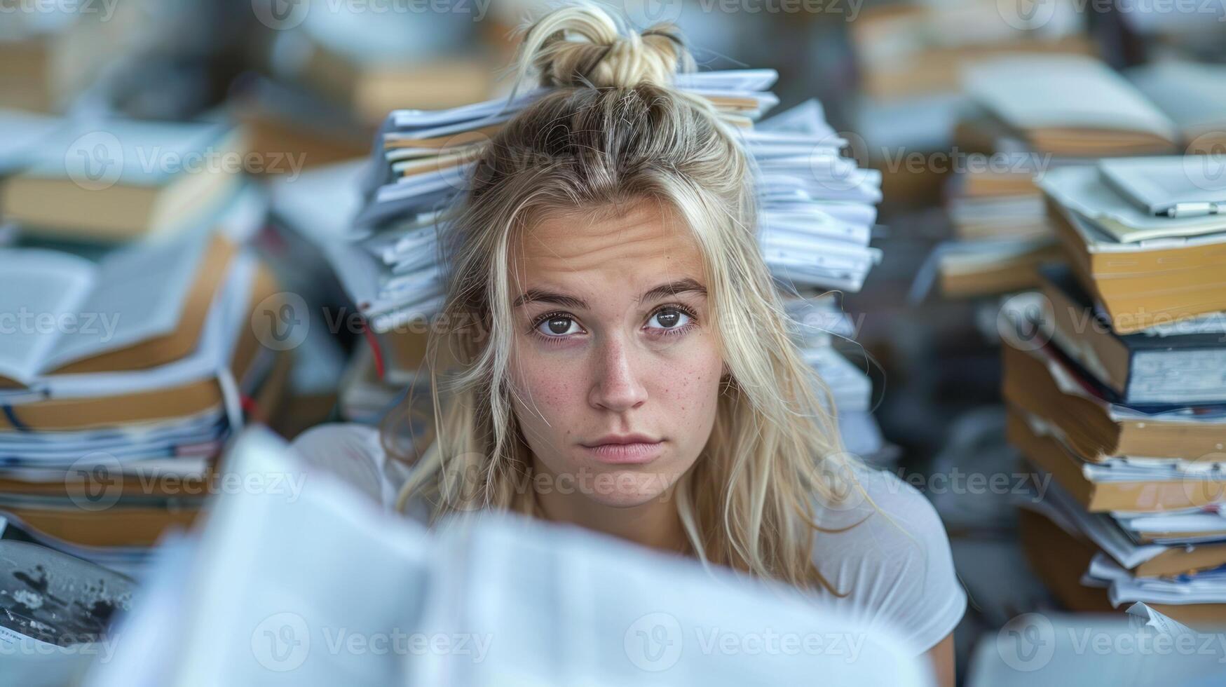 un mujer sentado en frente de un grande apilar de libros foto