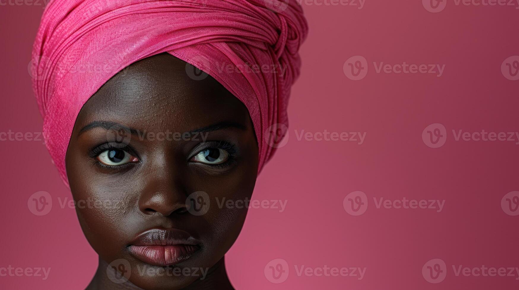 A woman standing with a pink turban on her head photo