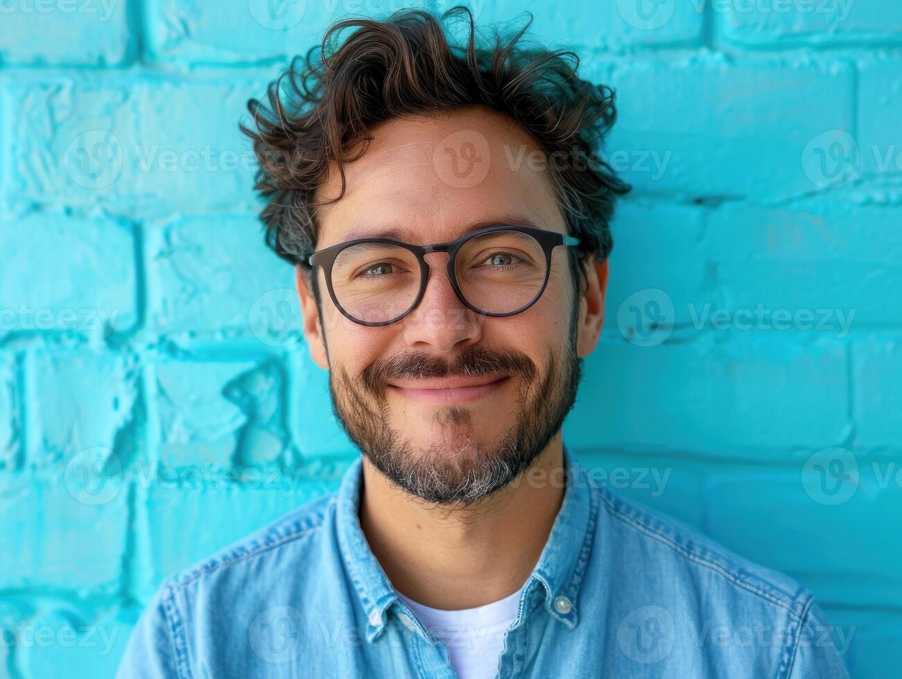hombre en lentes sonriente en contra azul ladrillo pared foto