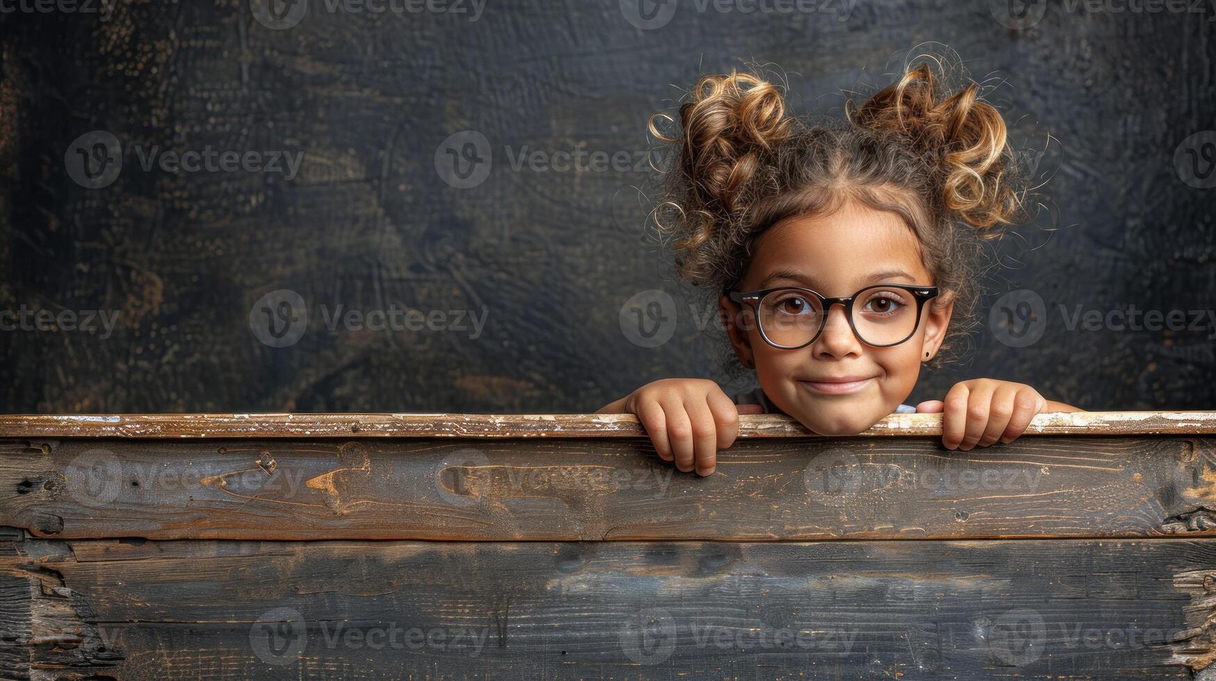 A young female child wearing glasses looks over a wooden sign photo