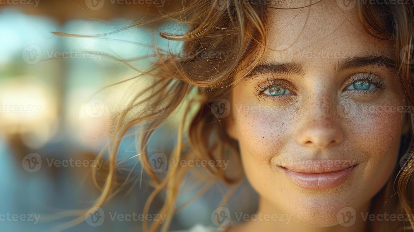 A close-up view of a woman with striking blue eyes photo