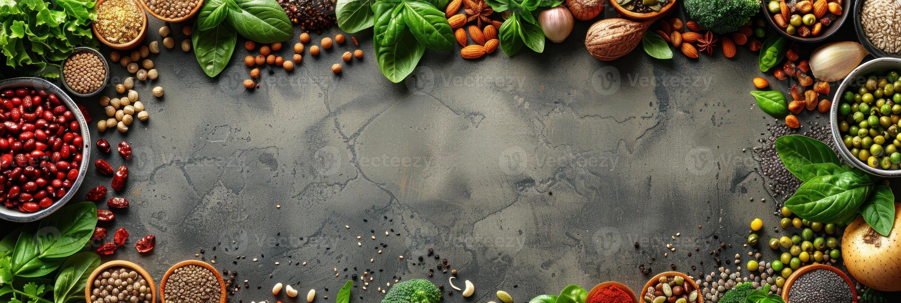 Various fruits and vegetables arranged in a circular pattern photo