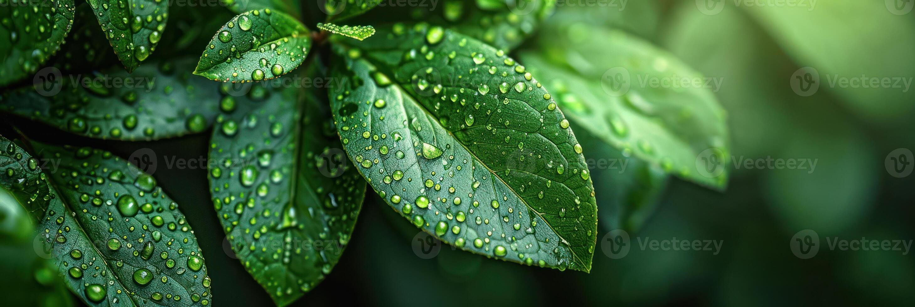 Water drops on green leaves after rainfall photo