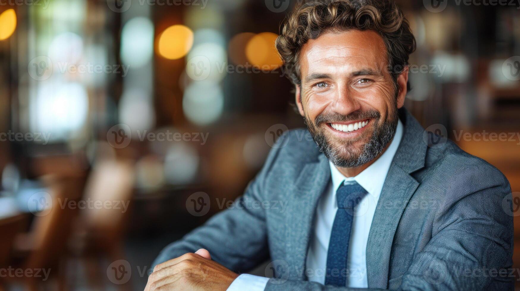 A man dressed in a formal suit and tie sitting at a table photo