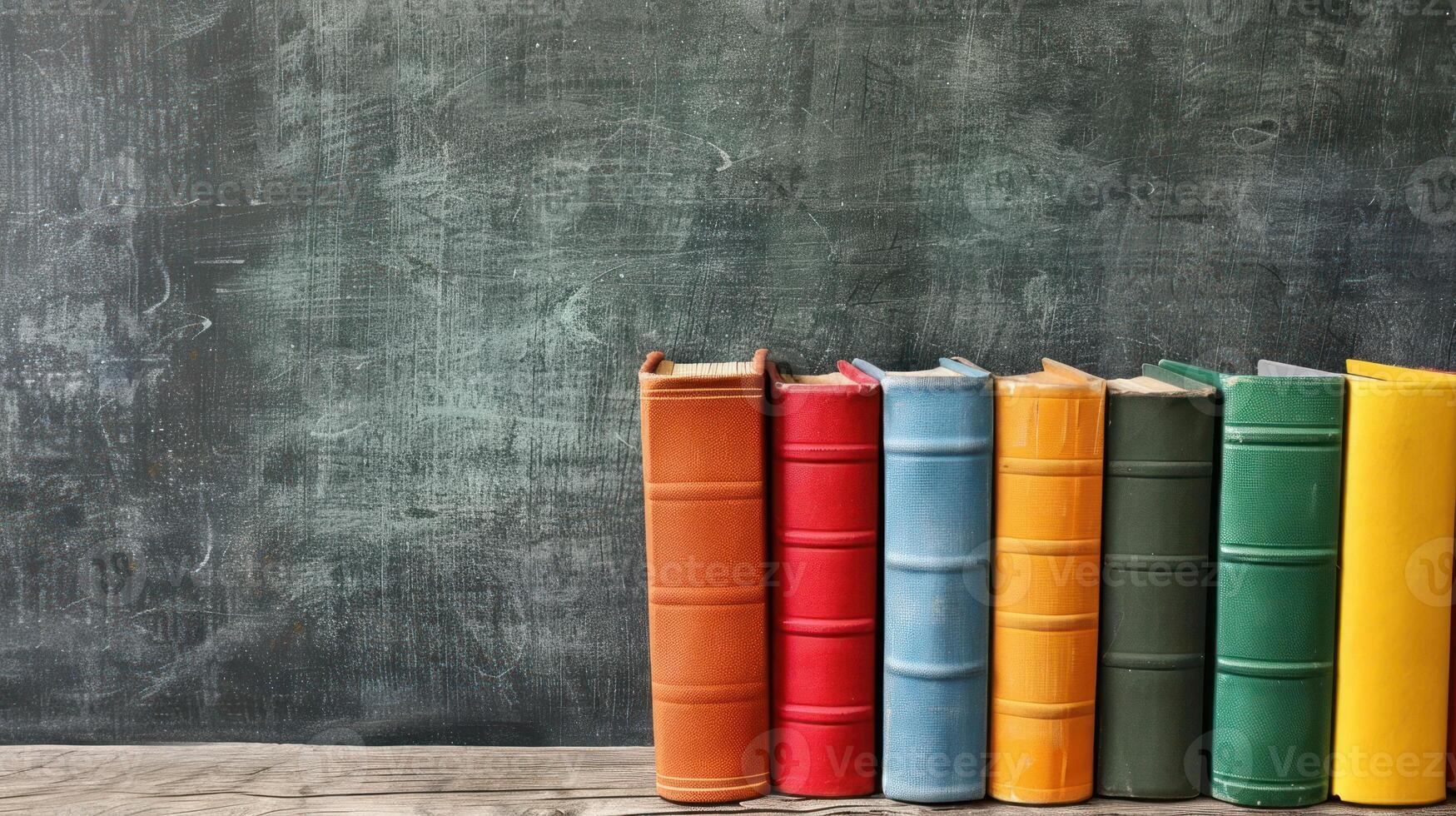 Books lined up in front of a chalkboard in a classroom setting photo