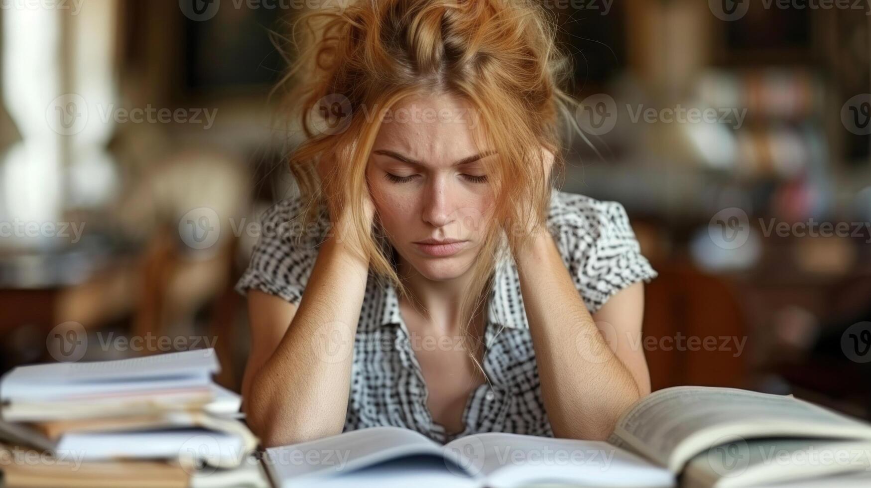 A woman sitting at a table with a book in front of her photo