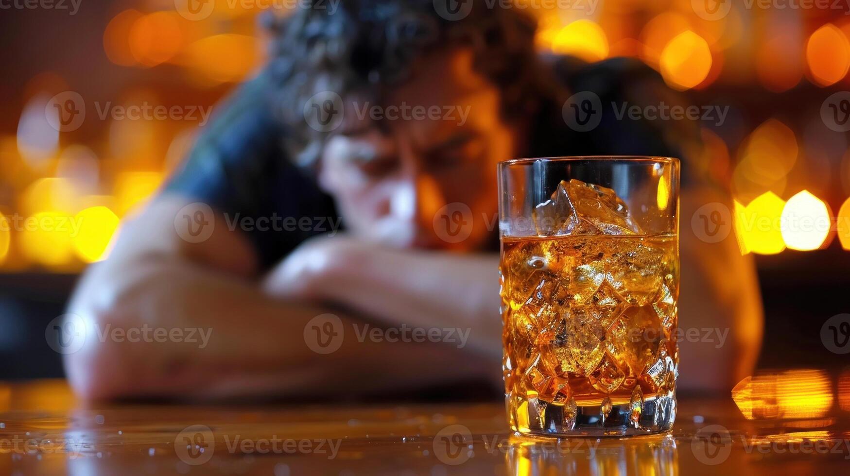 un hombre sentado a un mesa, participación un vaso de alcohol foto