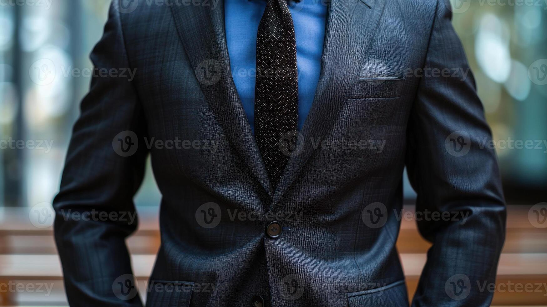 A man dressed in a suit and tie standing beside a bench photo